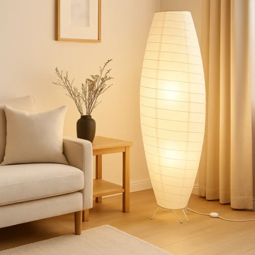 Stojaca lampa hneda pri pohovke a stolíku