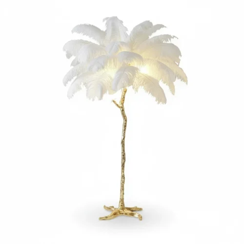 Stojaca lampa so zlatým stojanom a bielymi perami Stojaca lampa so zlatým stojanom a bielymi perami