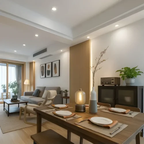 Obývačka s jedálenským stolom a stropným svietidlom