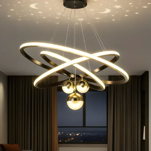 Stropný luster do obývačky so zlatými guľami a LED kruhmi