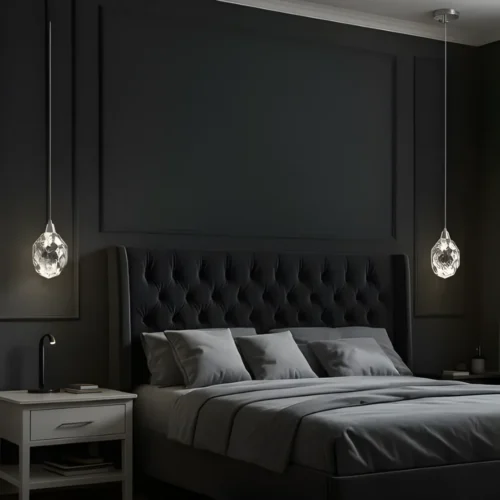 Závesné lustre so skleneným tienidlom v spálni