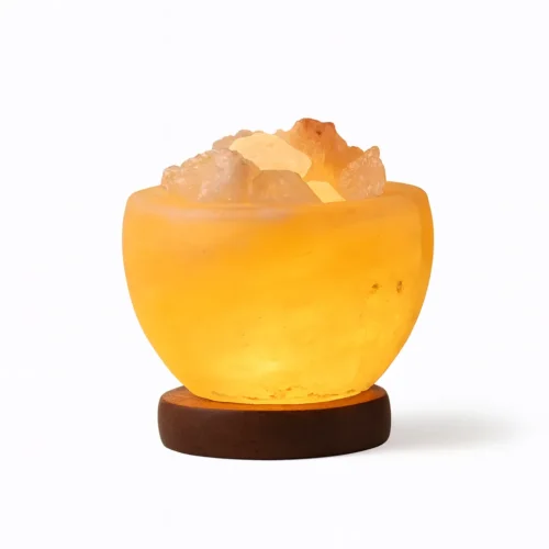 Elektrická soľná lampa v miske na drevenom podstavci Elektrická soľná lampa v miske na drevenom podstavci