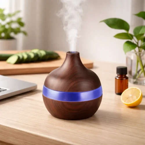 Aromatická lampa drevo s modrým pásom na stole