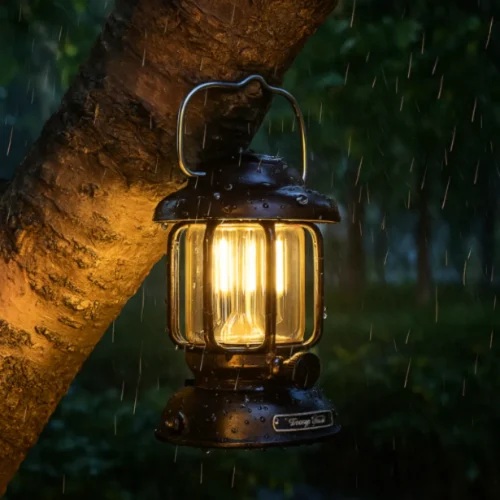 Elektrická petrolejová lampa na strome v daždi