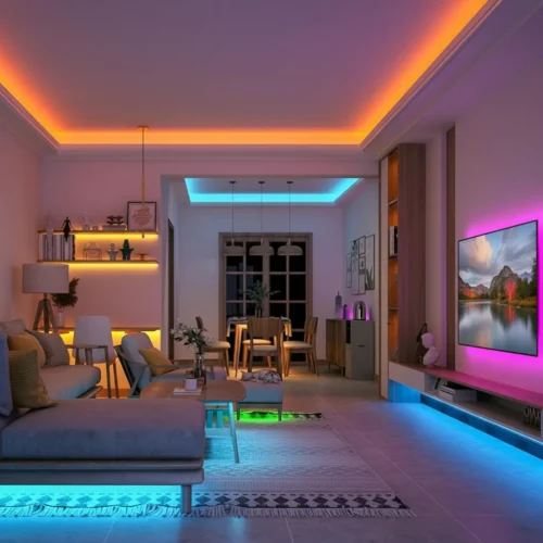 Obývačka s farebným LED osvetlením
