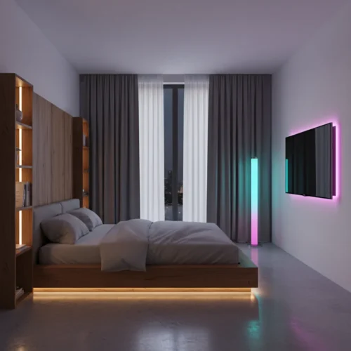 Spálňa s RGB led pasikom pod posteľou a pri TV