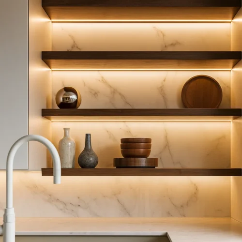 Led pasik na kuchynsku linku pod drevenými policami